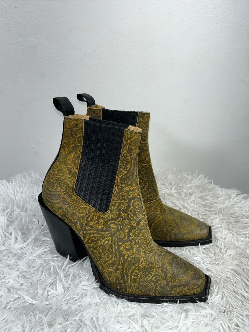 John Fluevog Yellow Paisley Diana Chelsea Booties with Black Trim - Picture 8 of 11